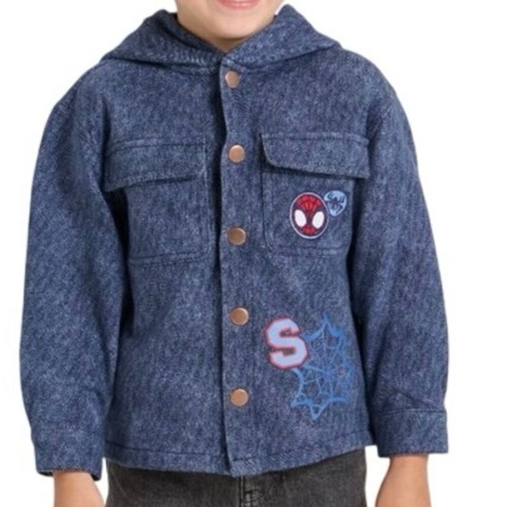 Spiderman knit denim snap button up hoodie jacket size 2T